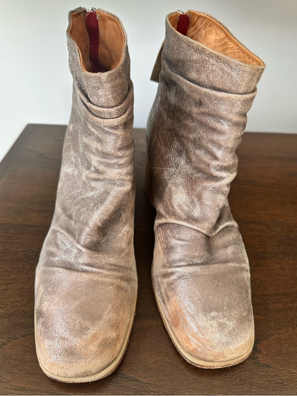 Halmanera Gold/Taupe Soft Leather Distressed Boots | Size 38